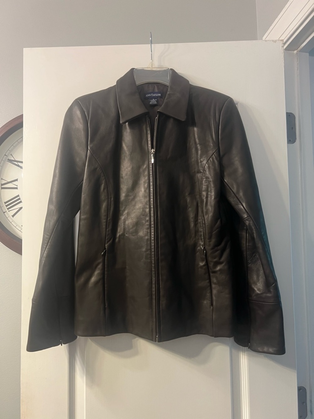 Ann Taylor chocolate brown zip up leather jacket size S